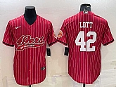 Men's San Francisco 49ers #42 Ronnie Lott Red Pinstripe With Patch Cool Base Stitched Baseball Jersey,baseball caps,new era cap wholesale,wholesale hats
