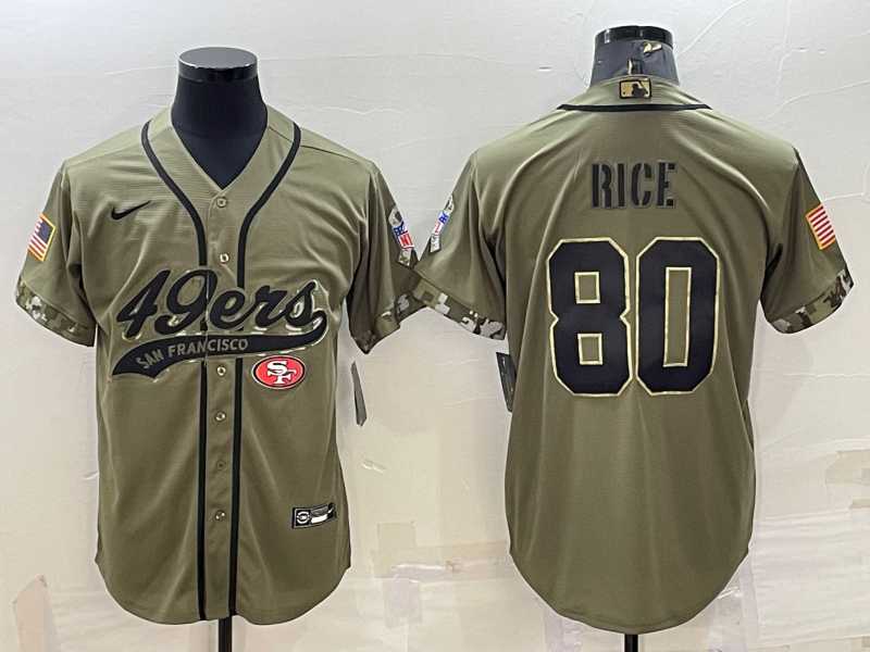 Men's San Francisco 49ers #80 Jerry Rice 2022 Olive Salute to Service Cool Base Stitched Baseball Jersey