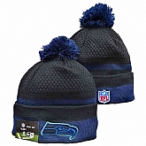 Seahawks Team Logo Black and Navy Pom Cuffed Knit Hat YD