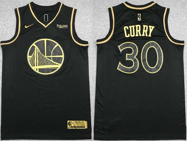 Golden State Warriors #30 Stephen Curry Black Gold Stitched Jersey