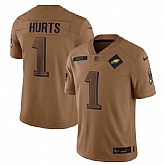 Men's Philadelphia Eagles #1 Jalen Hurts 2023 Brown Salute To Service Limited Football Stitched Jersey Dyin,baseball caps,new era cap wholesale,wholesale hats