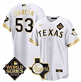 Men's Texas Rangers & Cowboys #53 Adolis Garcia White 2023 World Series Splite Stitched Baseball Jersey Dzhi,baseball caps,new era cap wholesale,wholesale hats