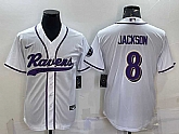 Men's Baltimore Ravens #8 Lamar Jackson White With Patch Cool Base Stitched Baseball Jersey,baseball caps,new era cap wholesale,wholesale hats