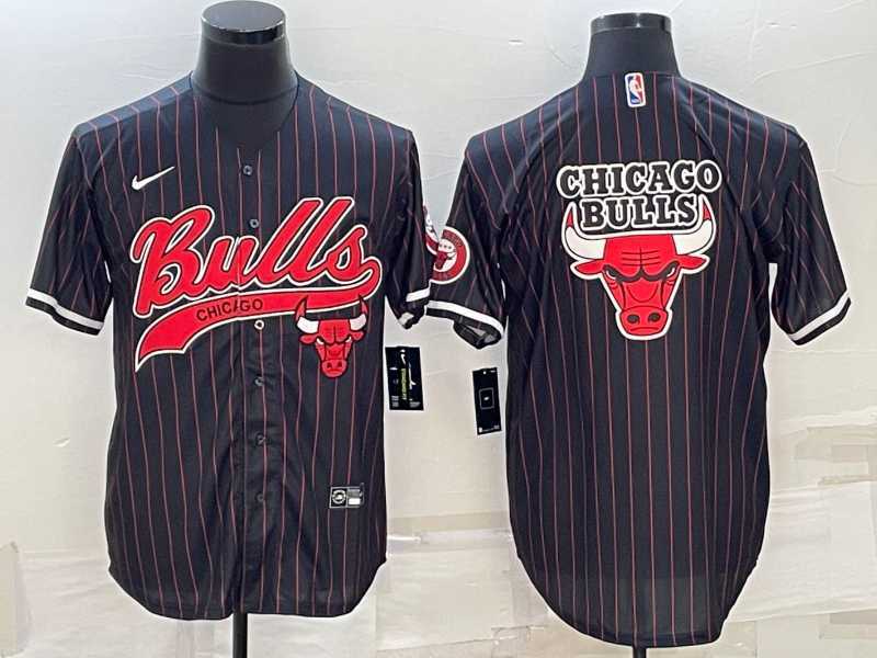 Men's Chicago Bulls Black Pinstripe Team Big Logo With Patch Cool Base Stitched Baseball Jersey