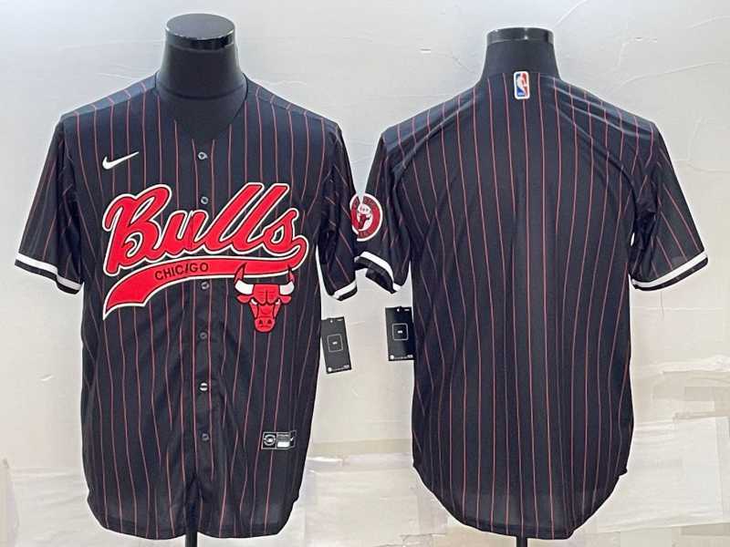 Men's Chicago Bulls Blank Black Pinstripe With Patch Cool Base Stitched Baseball Jersey
