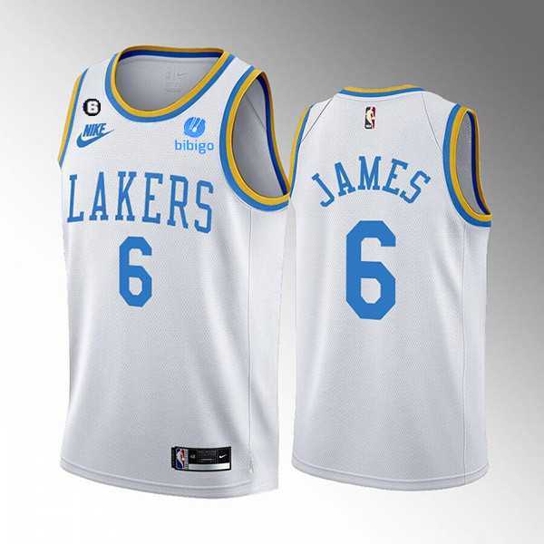 Men's Los Angeles Lakers #6 LeBron James 2022-23 White Classic Edition No.6 Patch Stitched Basketball Jersey Dzhi