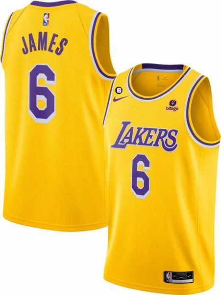 Men's Los Angeles Lakers #6 LeBron James Yellow No.6 Patch Stitched Basketball Jersey Dzhi