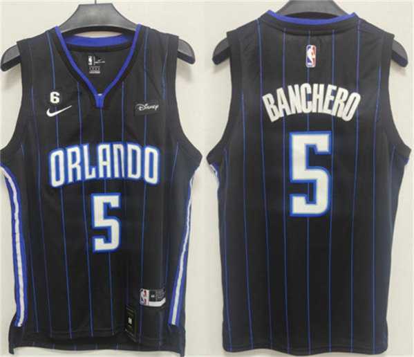Men's Orlando Magic #5 Paolo Banchero Black With No.6 Patch Icon Edition Stitched Swingman Jersey