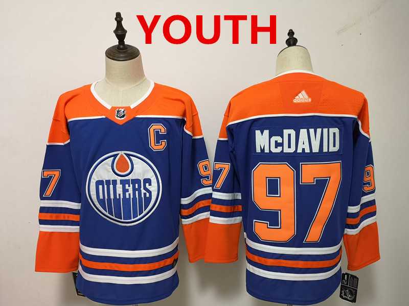 Youth Edmonton Oilers #97 Connor McDavid Royal Blue With Orange Home Hockey Adidas Stitched Jersey