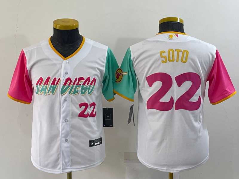 Youth San Diego Padres #22 Juan Soto Number White 2022 City Connect Cool Base Stitched Jersey
