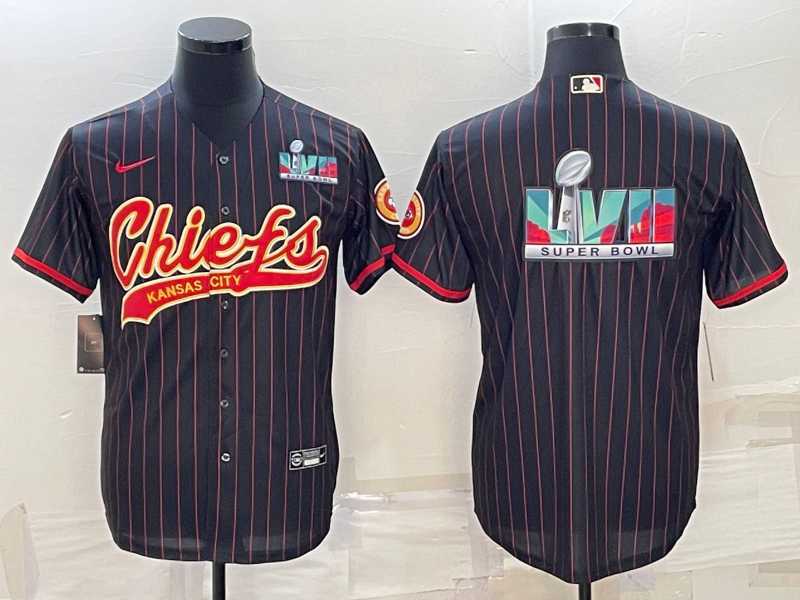 Men's Kansas City Chiefs Black With Super Bowl LVII Big Logo Cool Base Stitched Baseball Jerseys