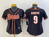 Women's Cincinnati Bengals #9 Joe Burrow Black With Patch Cool Base Stitched Baseball Jersey,baseball caps,new era cap wholesale,wholesale hats