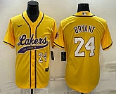 Men's Los Angeles Lakers #24 Kobe Bryant Number Yellow With Patch Cool Base Stitched Baseball Jersey,baseball caps,new era cap wholesale,wholesale hats
