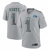 Men's Philadelphia Eagles #1 Jalen Hurts Gray Super Bowl LVII Patch Atmosphere Fashion Stitched Game Jersey,baseball caps,new era cap wholesale,wholesale hats