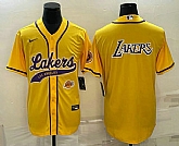 Mens Los Angeles Lakers Yellow Big Logo With Patch Cool Base Stitched Baseball Jersey