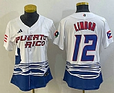 Women's Puerto Rico Baseball #12 Francisco Lindor 2023 White World Classic Stitched Jersey,baseball caps,new era cap wholesale,wholesale hats