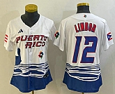 Women's Puerto Rico Baseball #12 Francisco Lindor 2023 White World Classic Stitched Jerseys,baseball caps,new era cap wholesale,wholesale hats