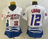 Women's Puerto Rico Baseball #12 Francisco Lindor Number 2023 White World Classic Stitched Jerseys,baseball caps,new era cap wholesale,wholesale hats