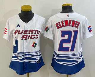 Women's Puerto Rico Baseball #21 Roberto Clemente 2023 White World Classic Stitched Jersey