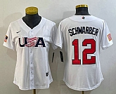 Women's USA Baseball #12 Kyle Schwarber 2023 White World Classic Stitched Jersey,baseball caps,new era cap wholesale,wholesale hats