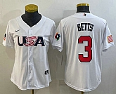Women's USA Baseball #3 Mookie Betts 2023 White World Classic Replica Stitched Jersey,baseball caps,new era cap wholesale,wholesale hats