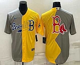 Men's Boston Red Sox Big Logo Grey Yellow Split Cool Base Stitched Jersey,baseball caps,new era cap wholesale,wholesale hats
