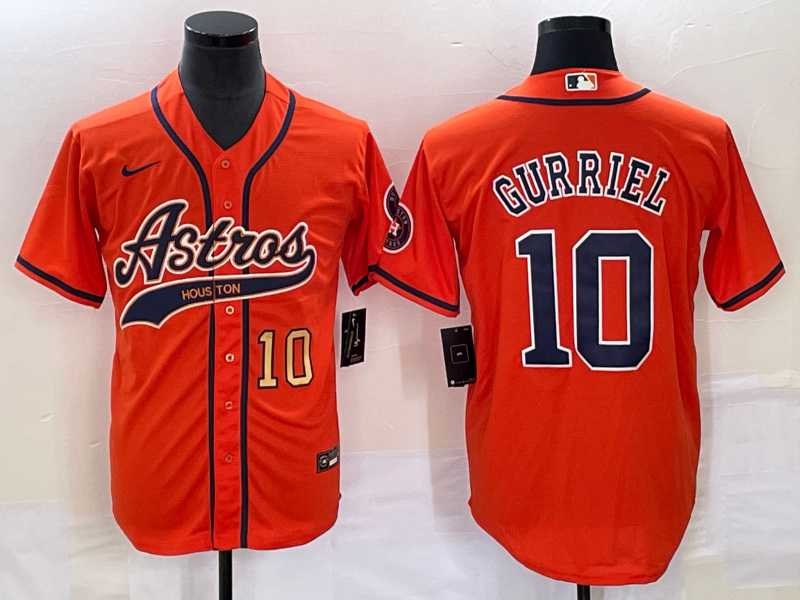 Men's Houston Astros #10 Yuli Gurriel Number Orange With Patch Cool Base Stitched Baseball Jersey