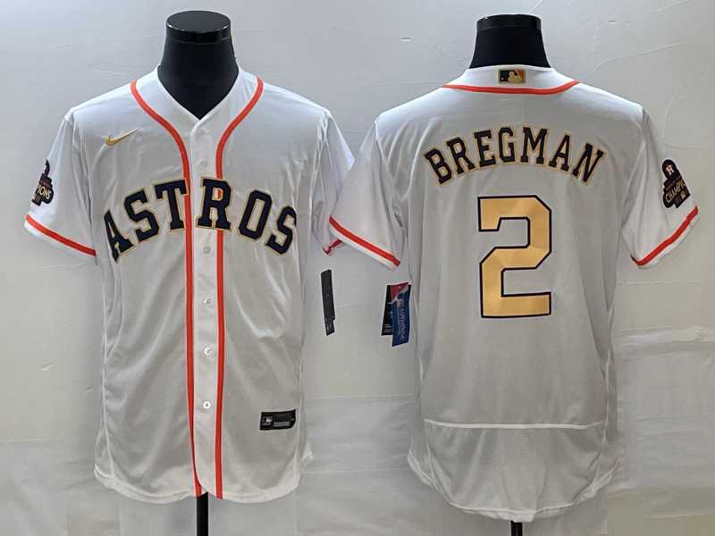 Men's Houston Astros #2 Alex Bregman 2023 White Gold World Serise Champions Patch Flex Base Stitched Jersey