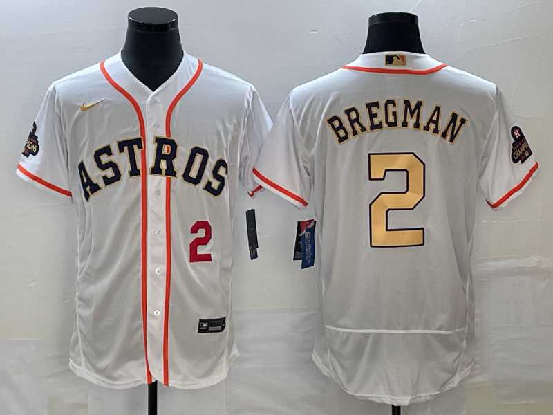 Men's Houston Astros #2 Alex Bregman Number 2023 White Gold World Serise Champions Patch Flex Base Stitched Jerseys