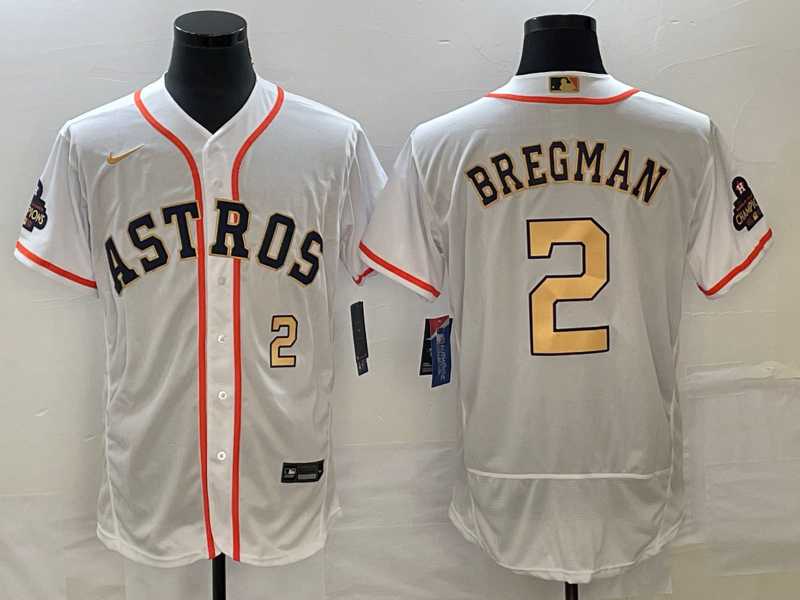 Men's Houston Astros #2 Alex Bregman Number 2023 White Gold World Serise Champions Patch Flex Base Stitched MLB Jersey