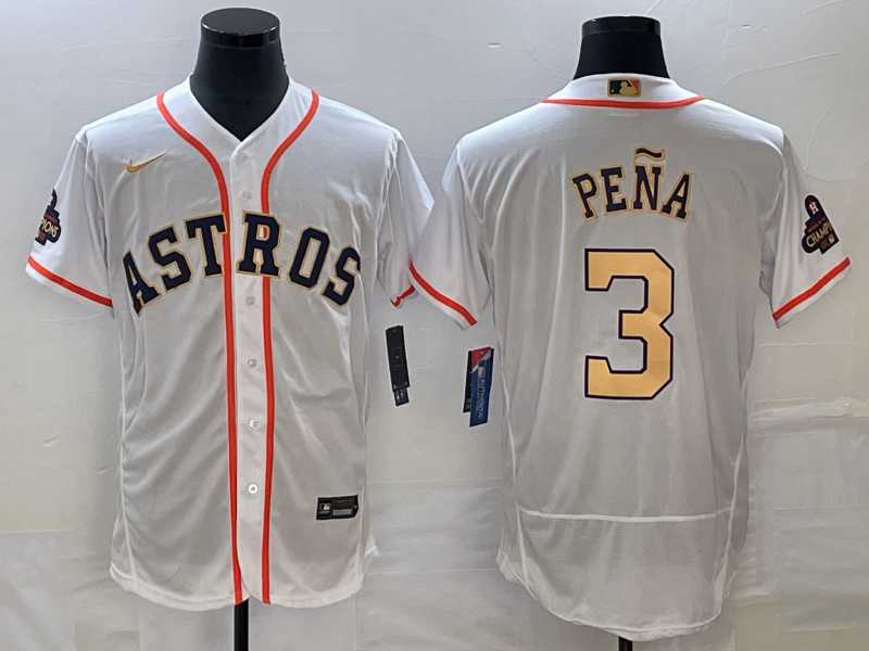 Men's Houston Astros #3 Jeremy Pena 2023 White Gold World Serise Champions Patch Flex Base Stitched Jersey