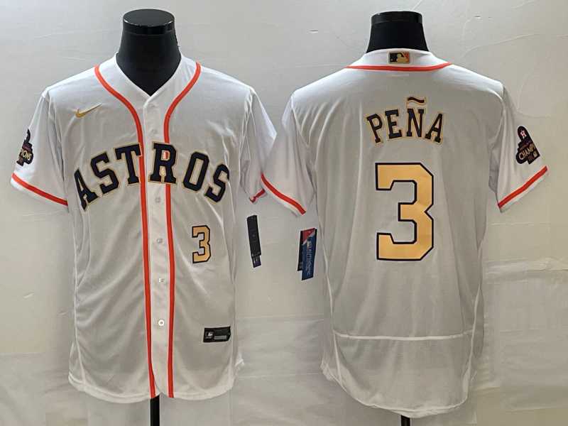 Men's Houston Astros #3 Jeremy Pena Number 2023 White Gold World Serise Champions Patch Flex Base Stitched Jerseys