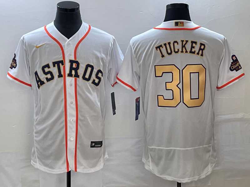 Men's Houston Astros #30 Kyle Tucker 2023 White Gold World Serise Champions Patch Flex Base Stitched Jersey