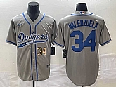 Men's Los Angeles Dodgers #34 Fernando Valenzuela Number Grey With Patch Cool Base Stitched Baseball Jersey,baseball caps,new era cap wholesale,wholesale hats