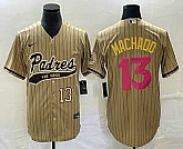 Men's San Diego Padres #13 Manny Machado Number Tan Pinstripe 2023 City Connect Cool Base Stitched Jersey,baseball caps,new era cap wholesale,wholesale hats
