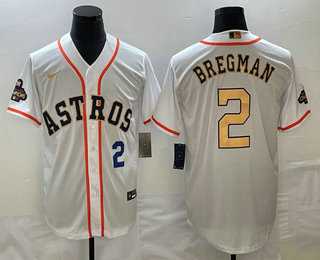 Mens Houston Astros #2 Alex Bregman Number 2023 White Gold World Serise Champions Patch Cool Base Stitched Jersey