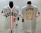 Mens Houston Astros #27 Jose Altuve Number 2023 White Gold World Serise Champions Patch Cool Base Stitched Jersey,baseball caps,new era cap wholesale,wholesale hats