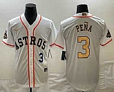 Mens Houston Astros #3 Jeremy Pena 2023 White Gold World Serise Champions Patch Cool Base Stitched Jersey,baseball caps,new era cap wholesale,wholesale hats