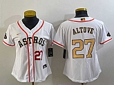 Women's Houston Astros #27 Jose Altuve Number 2023 White Gold World Serise Champions Patch Cool Base Stitched Jersey,baseball caps,new era cap wholesale,wholesale hats