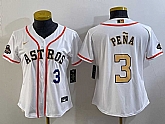 Women's Houston Astros #3 Jeremy Pena Number 2023 White Gold World Serise Champions Patch Cool Base Jersey,baseball caps,new era cap wholesale,wholesale hats