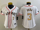 Women's Houston Astros #3 Jeremy Pena Number 2023 White Gold World Serise Champions Patch Cool Base Stitched Jersey,baseball caps,new era cap wholesale,wholesale hats