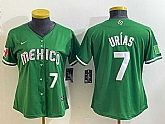 Women's Mexico Baseball #7 Julio Urias Number 2023 Green World Classic Stitched Jersey3,baseball caps,new era cap wholesale,wholesale hats