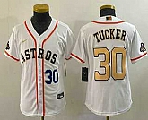 Youth Houston Astros #30 Kyle Tucker Number 2023 White Gold World Serise Champions Patch Cool Base Jersey,baseball caps,new era cap wholesale,wholesale hats