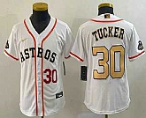 Youth Houston Astros #30 Kyle Tucker Number 2023 White Gold World Serise Champions Patch Cool Base Stitched Jersey,baseball caps,new era cap wholesale,wholesale hats