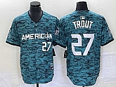 Men's Los Angeles Angels #27 Mike Trout Number Teal 2023 All Star Cool Base Stitched Jersey3