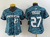 Women's Los Angeles Angels #27 Mike Trout Number Teal 2023 All Star Cool Base Stitched Jersey,baseball caps,new era cap wholesale,wholesale hats