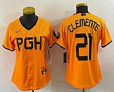 Women's Pittsburgh Pirates #21 Roberto Clemente Yellow 2023 City Connect Stitched Jersey,baseball caps,new era cap wholesale,wholesale hats