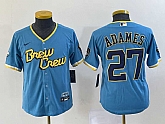 Youth Milwaukee Brewers #27 Willy Adames Blue 2022 City Connect Cool Base Stitched Jersey,baseball caps,new era cap wholesale,wholesale hats