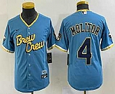 Youth Milwaukee Brewers #4 Paul Molitor Blue 2022 City Connect Cool Base Stitched Jersey,baseball caps,new era cap wholesale,wholesale hats