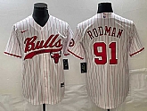 Men's Chicago Bulls #91 Dennis Rodman White Pinstripe Cool Base Stitched Baseball Jersey,baseball caps,new era cap wholesale,wholesale hats